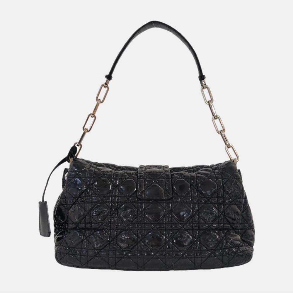 CHRISTIAN DIOR BLACK PATENT LEATHER QUILTED SHOULDER BAG - Picture 4 of 6